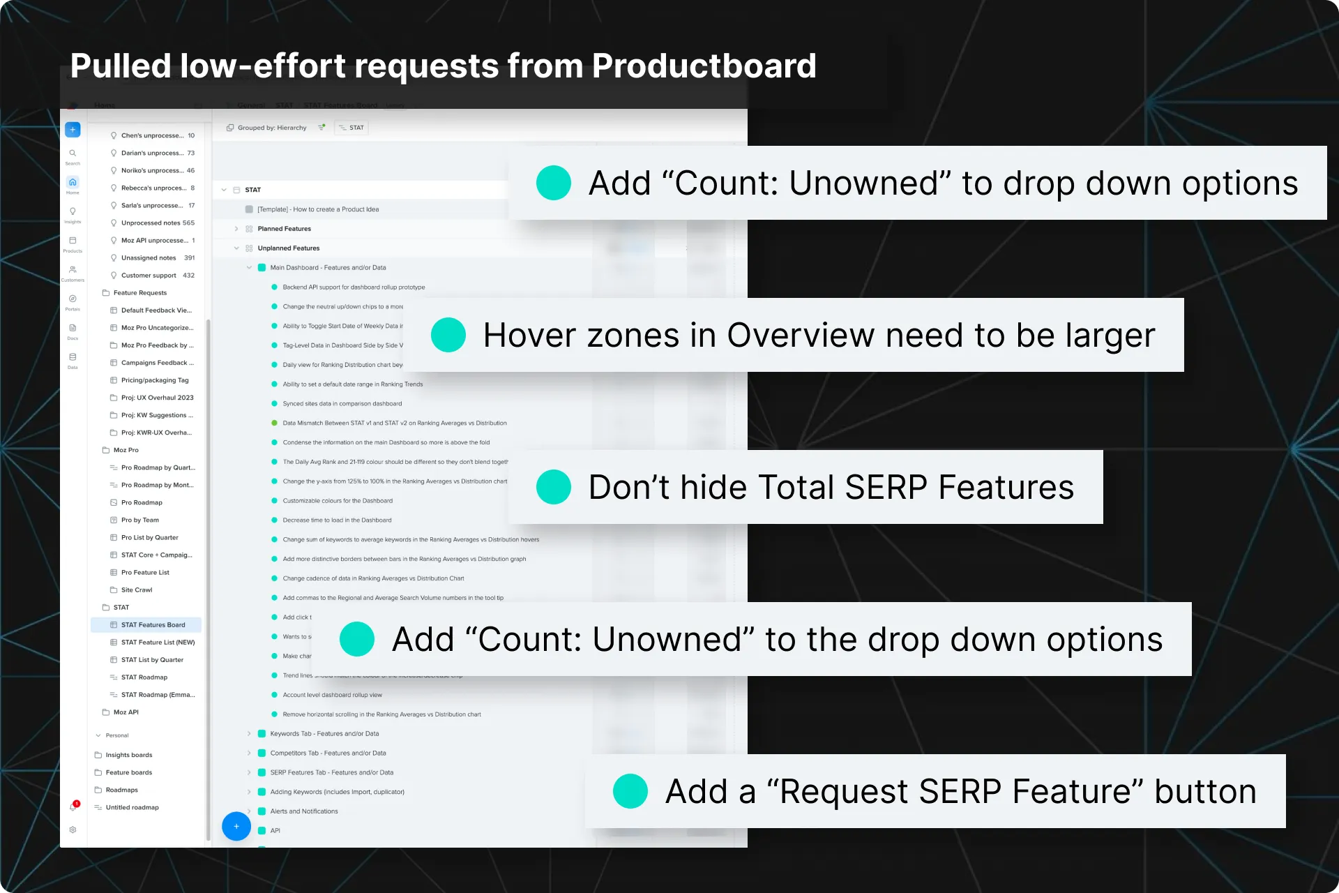 Pulled low-effort requests from Productboard (1 of 1)